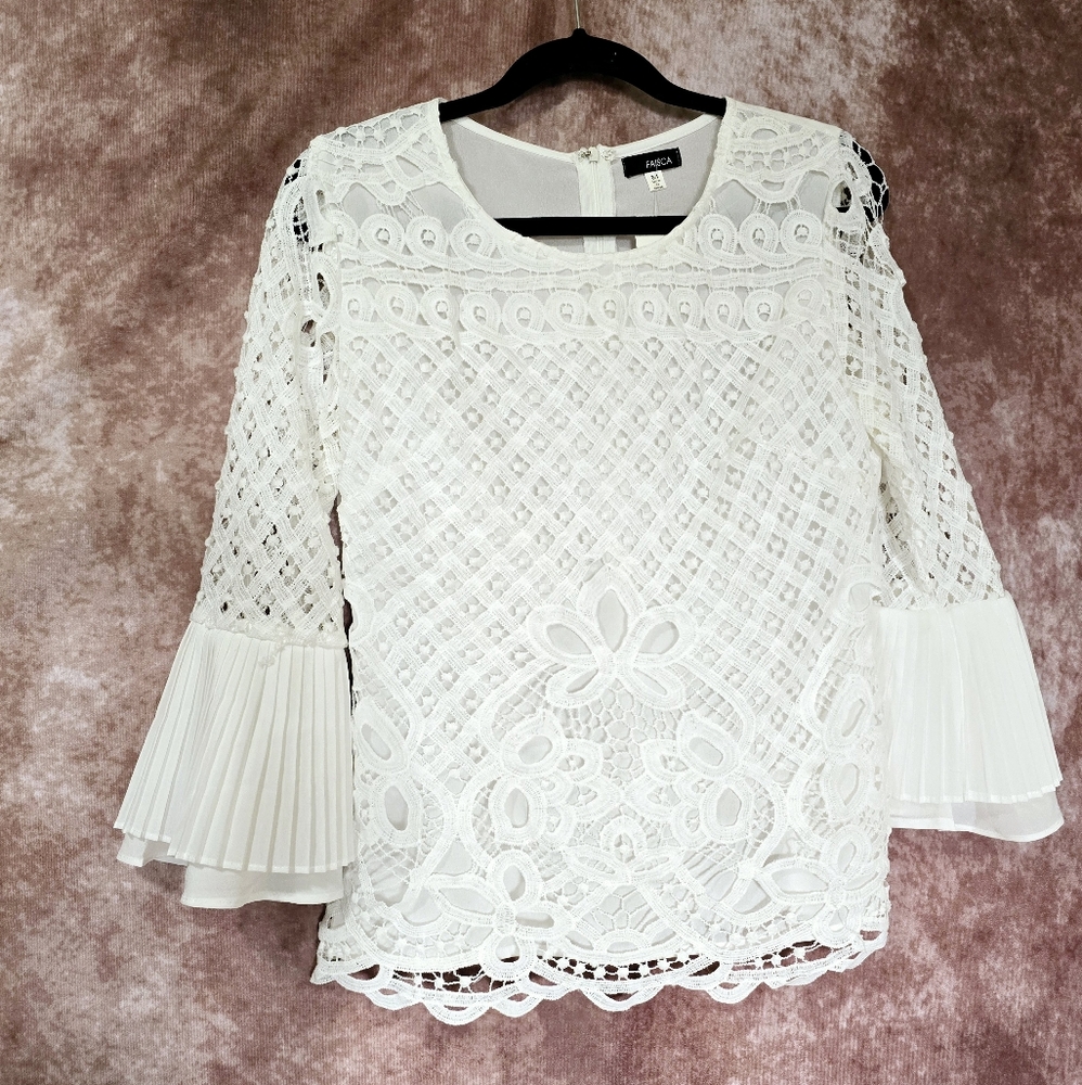 FAISCA Women's Medium White Macrame Zip Up Long Bell Sleeves Lined Tunic